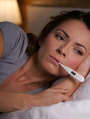 Sick Woman Taking Temperature in Bed - Healthcare and Wellness Concept