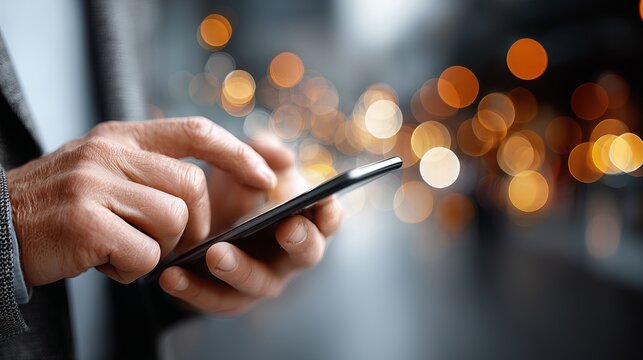 Close-up of a male hand using a smartphone with a blurred urban background featuring warm bokeh lights, illustrating modern technology and connectivity in daily life