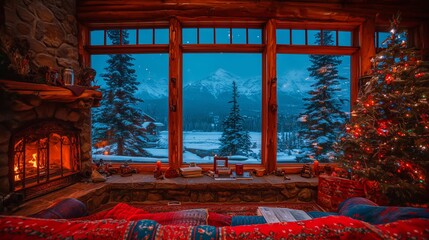 Cozy cabin interior with a warm fireplace, decorated Christmas tree, and stunning mountain view through large windows, creating a serene winter atmosphere with holiday spirit