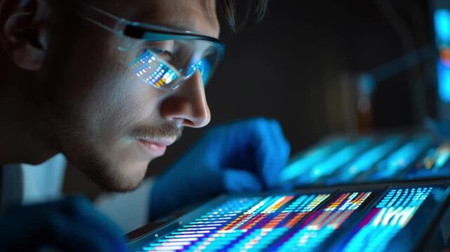 Microbial DNA research Picture a molecular technician running a glowing gel electrophoresis apparatus, with bands of purified microbial DNA brightly separating in the gel, emphasizing the study of bac