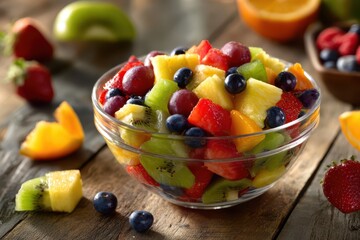 Vibrant Assorted Fruit Salad with Citrus Slices and Berries in a Glass Bowl