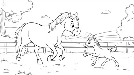 Illustration of a playful horse and foal in a sunny pasture, surrounded by trees and a fence, showcasing the bond between mother and child in a serene countryside setting