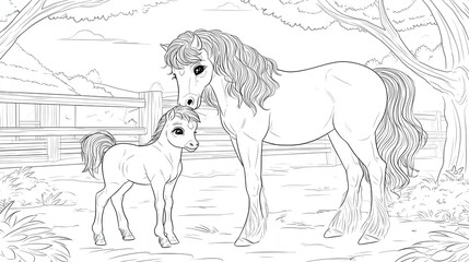 Illustration of a mother horse and her foal standing together in a serene pasture, surrounded by trees and a wooden fence, showcasing the bond between them in a natural setting