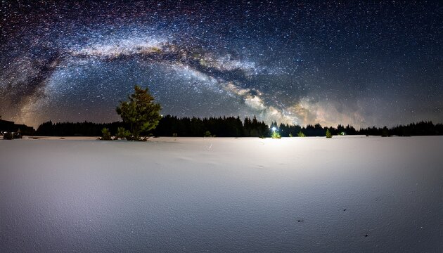 Milky Way Over Starry Winter Night Snowfield