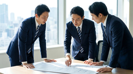Three Asian businessmen collaborating on a project reviewing blueprints in a bright office showcasing teamwork and business strategy