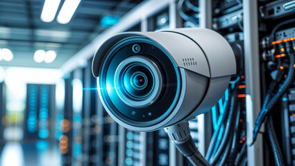 Security camera in a server room, protecting data and infrastructure