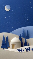 Paper cut illustration depicting a serene winter landscape with a cozy dwelling, snow-covered hills, evergreen trees, and silhouettes of travelers under a starry night sky