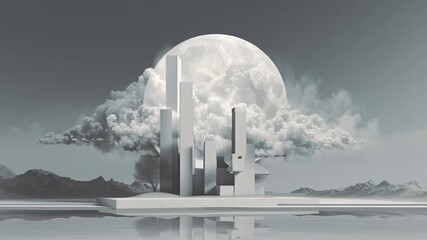 Abstract landscape with geometric structures, cloud formations and lunar sphere creates a peaceful - Powered by Adobe