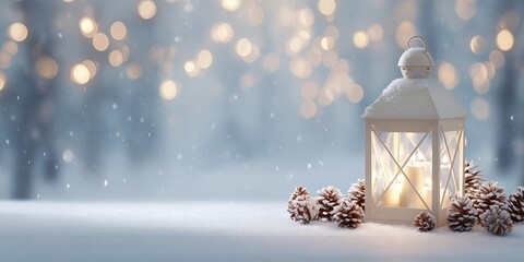 White lantern with glowing candle surrounded by pine cones on snow-covered ground, creating a warm ambiance in a winter wonderland with soft bokeh lights in the background