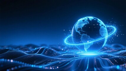 Earth surrounded by a blue band of light and particles made of light