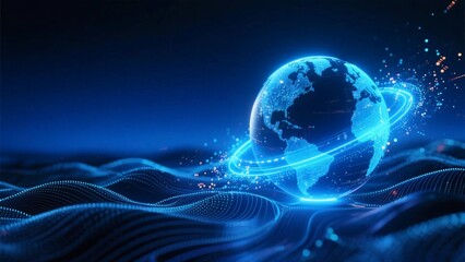 Earth surrounded by a blue band of light and particles made of light