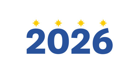 Blue number 2026 with four yellow star above isolated on
