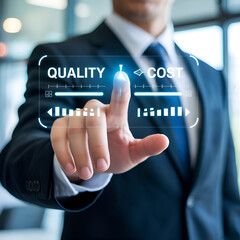 "Quality vs Cost Business Interface &mdash; Close‑Up of Business Professional Touching Virtual Quality and Cost Dashboard &mdash; Decision Making, Performance Metrics and Operational Efficiency Concept"