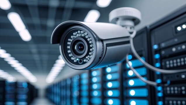 Security camera in a modern data center with server racks