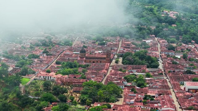 Majestic aerial view of the colonial town of barichara in santander, colombia, enveloped in fog