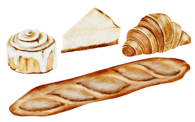Watercolor baking set. A loaf, a Cinnamon Roll, croissant and cheesecake. French pastry. Food clip art. Perfect for bakeries and pastry shops.