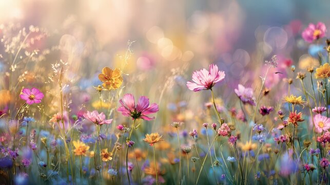 Vibrant wildflower meadow with sunbeams and soft bokeh for a summer greeting card background