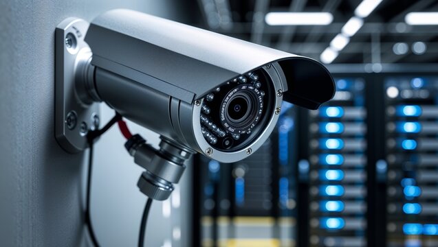 Security camera mounted on a wall with a server room in the background