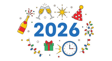 Happy new year 2026 celebration with champagne and party icon isolated on