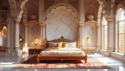 Royal Indian Bedroom Mock Up Wall with Carved Wooden Bed, Marble Arches, Domes, and Dreamy Cozy Atmosphere. Copy space. Generative AI