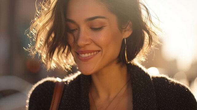 Mindful life balance, woman walking slowly through morning light, gentle smile and soft shadow, cinematic composition of mindfulness and flow, tone of gratitude and presence.