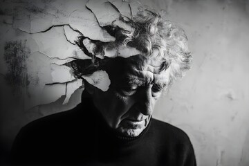 Black and white portrait of an old man with curly hair, wearing a dark turtleneck, with the top of his face melting into a cracked wall texture, abstract emotional art, high contrast editorial style