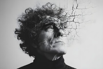 Black and white portrait of an old man with curly hair, wearing a dark turtleneck, with the top of his face melting into a cracked wall texture, abstract emotional art, high contrast editorial style