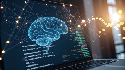Artificial intelligence neural network visualization on laptop screen, digital brain hologram with code and data, machine learning and deep tech interface for innovation and research concepts