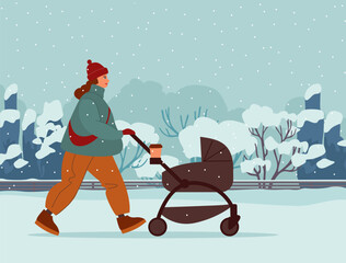 young mother walking with a baby stroller on a snowy winter street or city park