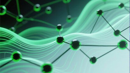 Abstract 3D green molecular structure with digital waves, futuristic biotech and nanotechnology background, scientific visualization for innovation, materials science, and tech media