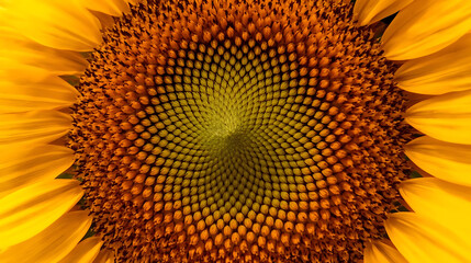 Abstract Close-Up of Sunflower Head with Seeds and Petals, Vibrant Yellow and Orange Colors, Natural Beauty, Floral Pattern, and Organic Texture