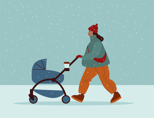 young mother walking with a baby stroller on a snowy winter background