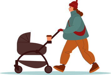 young mother walking with a baby stroller in winter