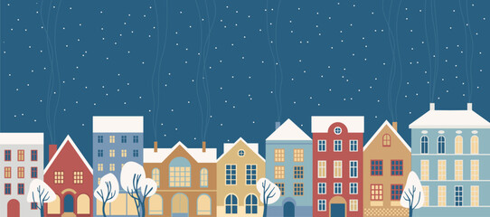 repeatable border with Сolorful fairy winter houses in a snowy night landscape