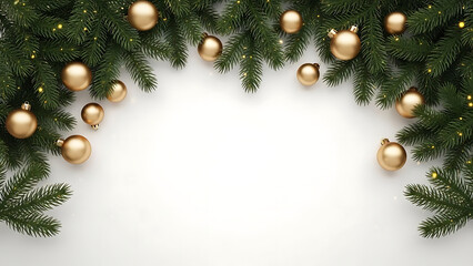 Festive Garland of Green Pine Branches Adorned with Golden Christmas Ornaments and Twinkling Lights on a White Background