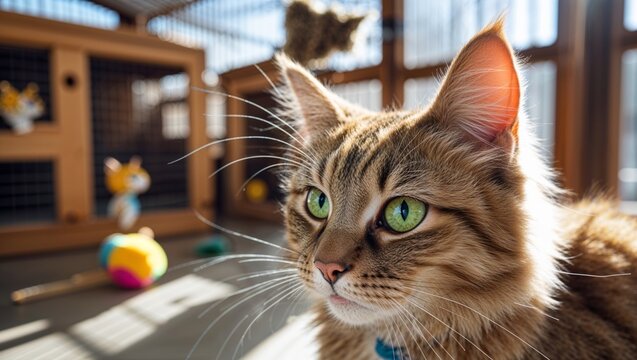 Beautiful tabby cat with striking green eyes in a sunlit room