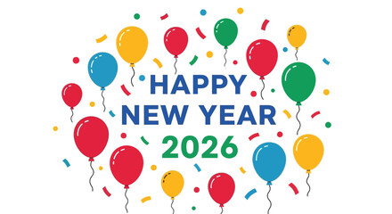 Happy new year 2026 greeting card with colorful balloon and confetti