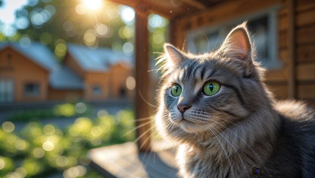 Beautiful gray cat with striking green eyes in the sunlight