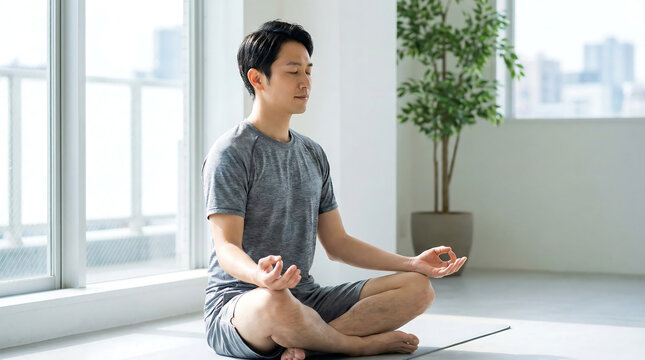 Young Asian man meditating in a bright room practicing mindfulness and relaxation promoting wellness and healthy lifestyle