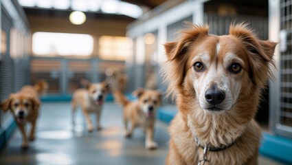 Adorable dog at animal shelter looking at the camera with other dogs in the background