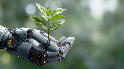 Robotic hand holding small green plant in sunlight, innovation meets sustainability, eco friendly technology and artificial intelligence concept