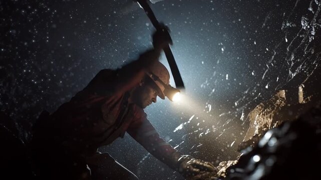 Miner using pickaxe to break rock underground, helmet light casting dramatic glow, perseverance in harsh environment.