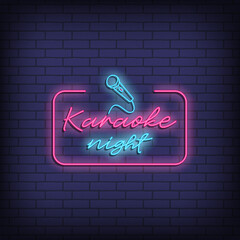 Karaoke night neon signboard. Microphone in frame, great for talent shows and music celebrations