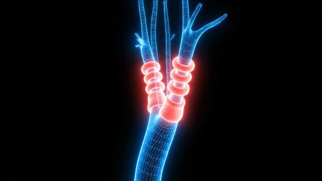 Medical illustration of carotid artery stenosis with plaque buildup.