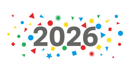 Year 2026 number surrounded by colorful confetti and party element