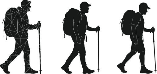 Hiker with Backpack and Trekking Poles, Triangulation Mesh, Polygon, Travel, Adventure, Silhouette, Hiking, Outdoor Sports © Arman World
