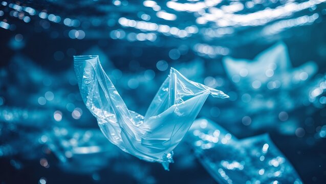 Plastic bag floating underwater, environmental pollution concept