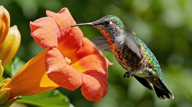 Hummingbird hovering feeding on nectar from a vibrant orange flower