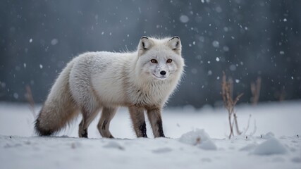 Naklejka premium Arctic fox in winter snow, looking directly at the camera with a curious expression