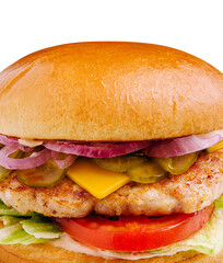 Juicy chicken burger with fresh toppings and a toasted bun